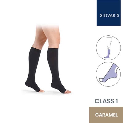 Sigvaris Essential Comfortable Unisex Class 1 Knee High Caramel Compression Stockings with Open Toe